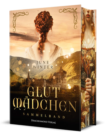 Das Cover zeigt im oberen Drittel eine rothaarige Frau mit einem geflochtenen Zopf in Rückenansicht. Darunter ist eine Burg vor Bergen zu sehen. Der Titel ist im unteren Drittel zu sehen. Grün- und Brauntöne dominieren das Cover. Goldveredelungen sind eingearbeitet.